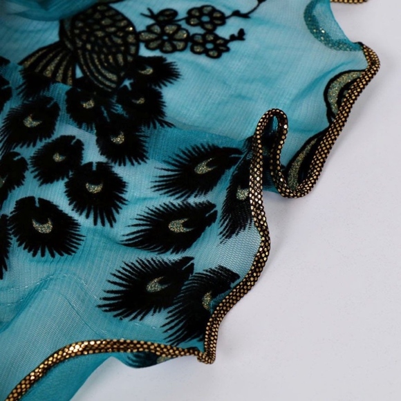 🌸TEAL PEACOCK EMBROIDERED SCARF VELVET WRAP BOHO TURQUOISE LONG MULTIPURPOSE - Picture 5 of 7